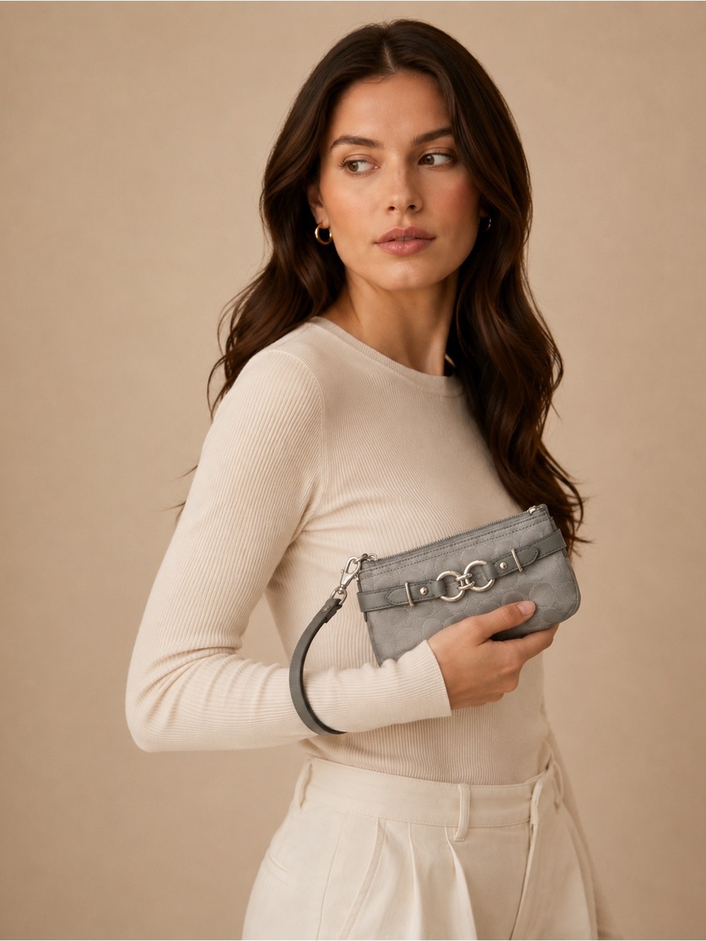 Coach Gray Leather Wristlet Clutch with Silver-Tone Hardware